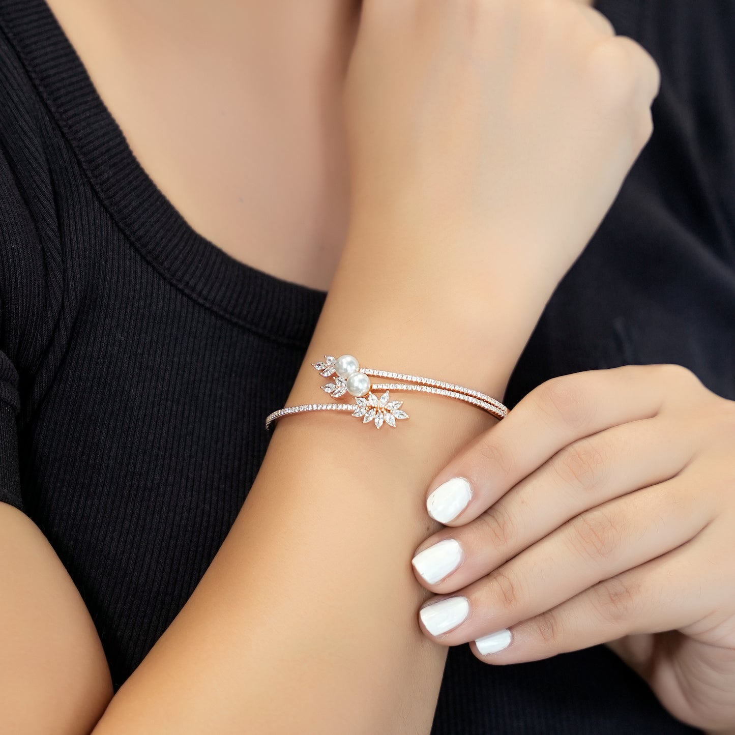 Floral Leaf Pearl & Stone Handcuff